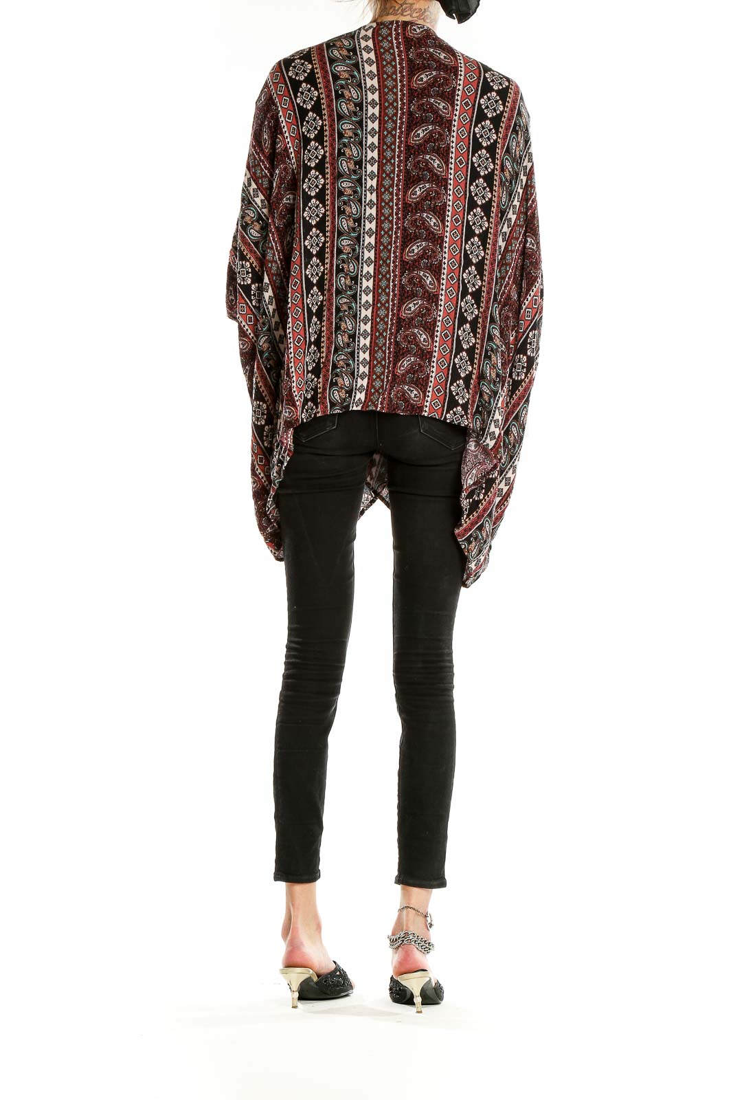 Side view of Altar'd State burgundy paisley striped kimono cardigan on model