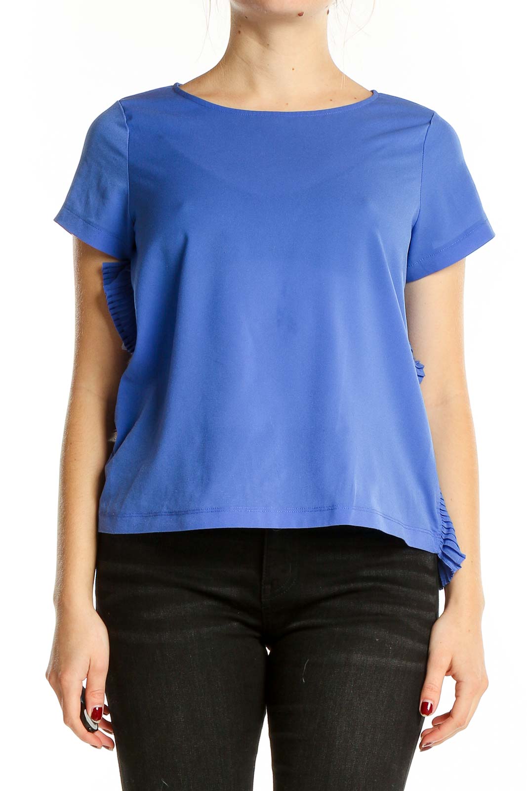 Front view of French Connection blue ruffled short-sleeve blouse