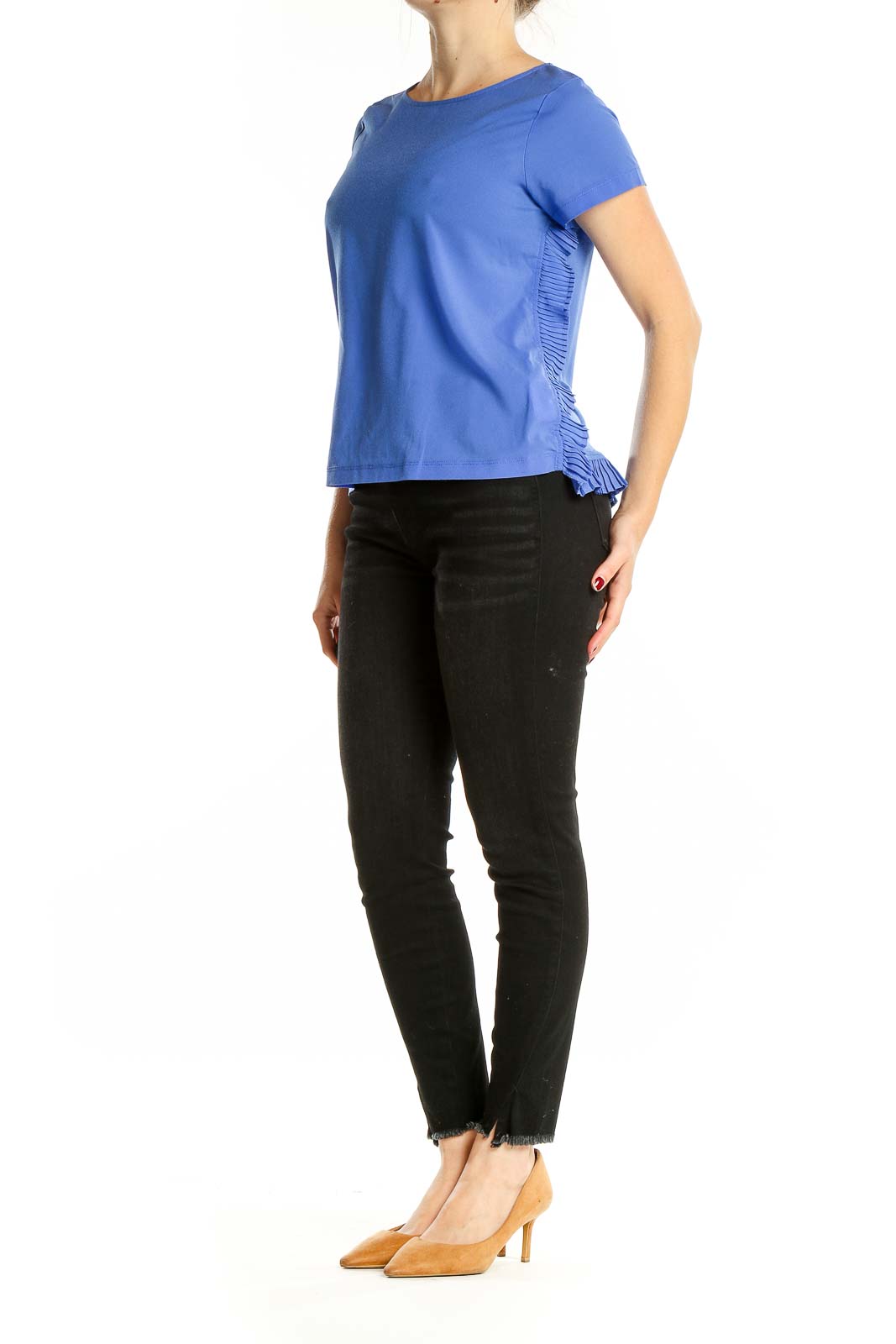 Front view of French Connection blue ruffled short-sleeve blouse