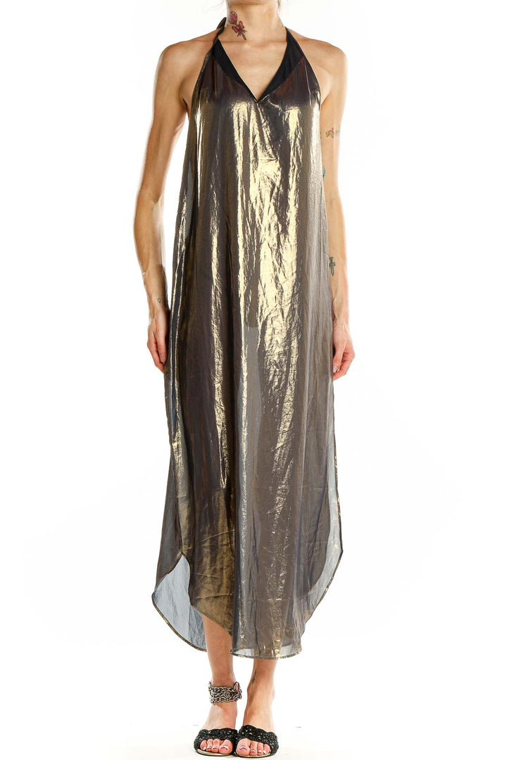 Front view of gold metallic halter maxi dress by Intimately Free People