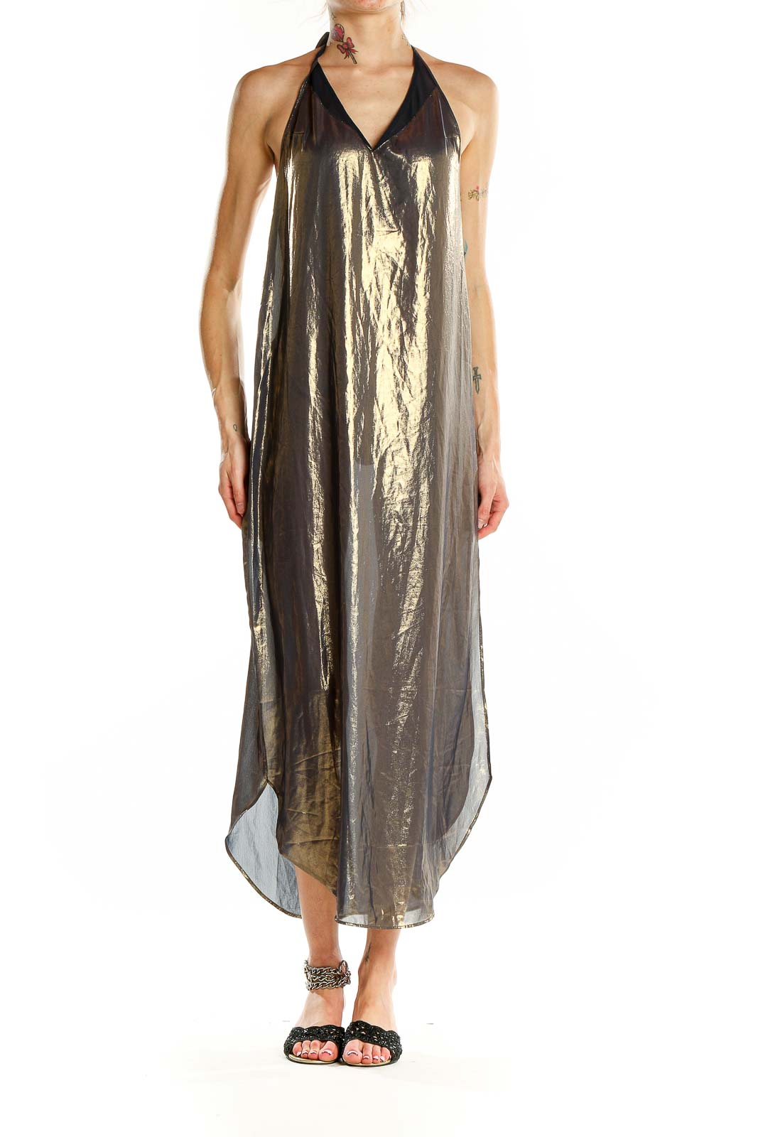 Front view of gold metallic halter maxi dress by Intimately Free People