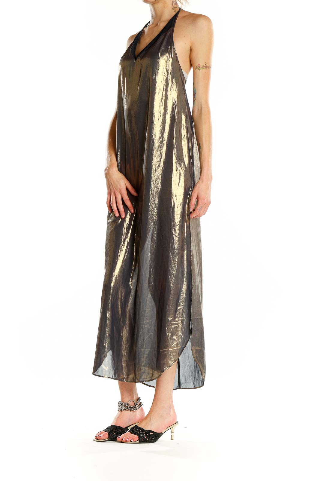 Front view of gold metallic halter maxi dress by Intimately Free People