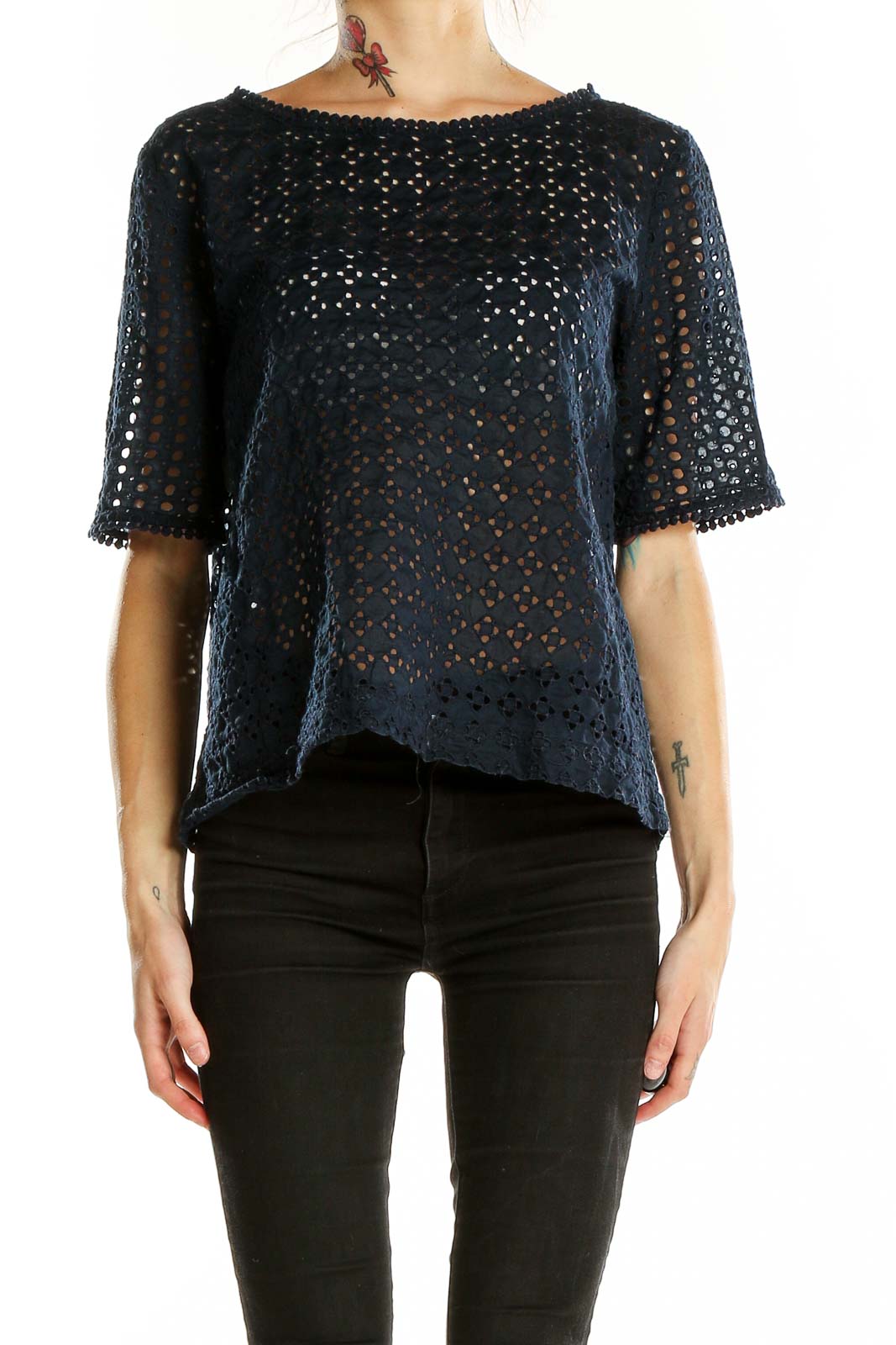 Front view of LOFT navy eyelet lace short sleeve top