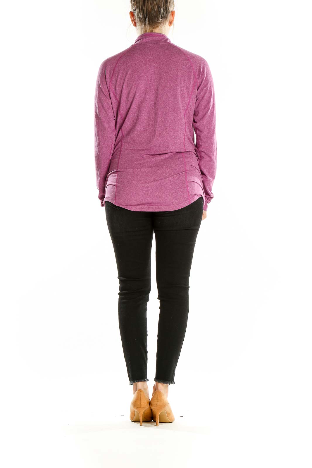 Back view of pink REI quarter-zip activewear top on model