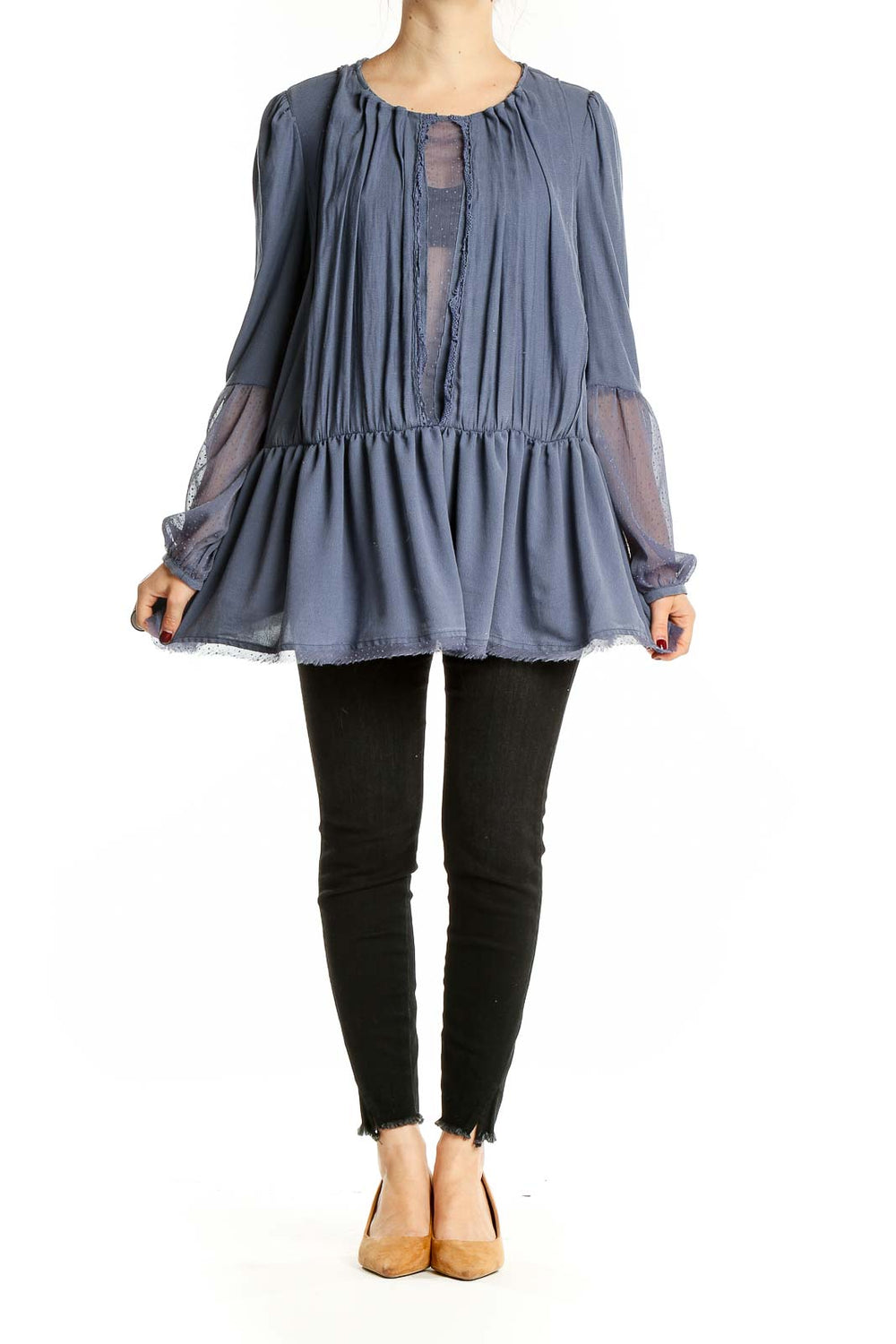 Front view of blue Free People peplum top with sheer sleeves and keyhole detail