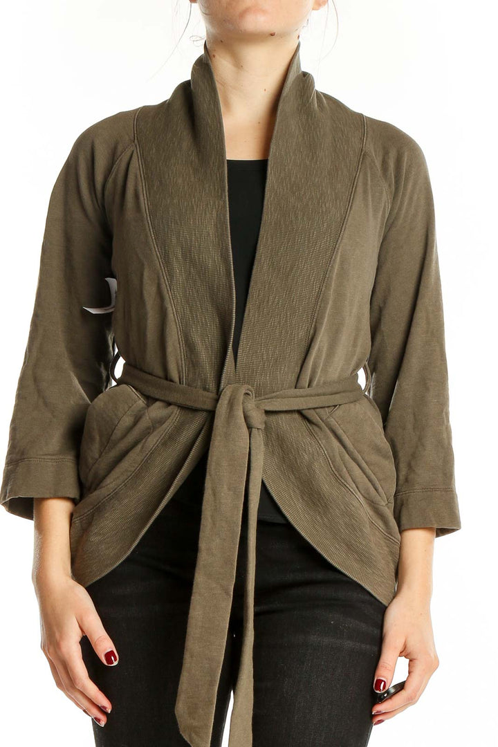 Front view of Banana Republic olive belted wrap cardigan on model