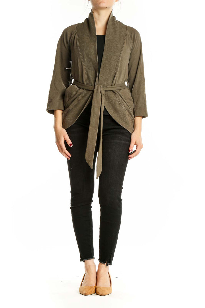 Front view of Banana Republic olive belted wrap cardigan on model