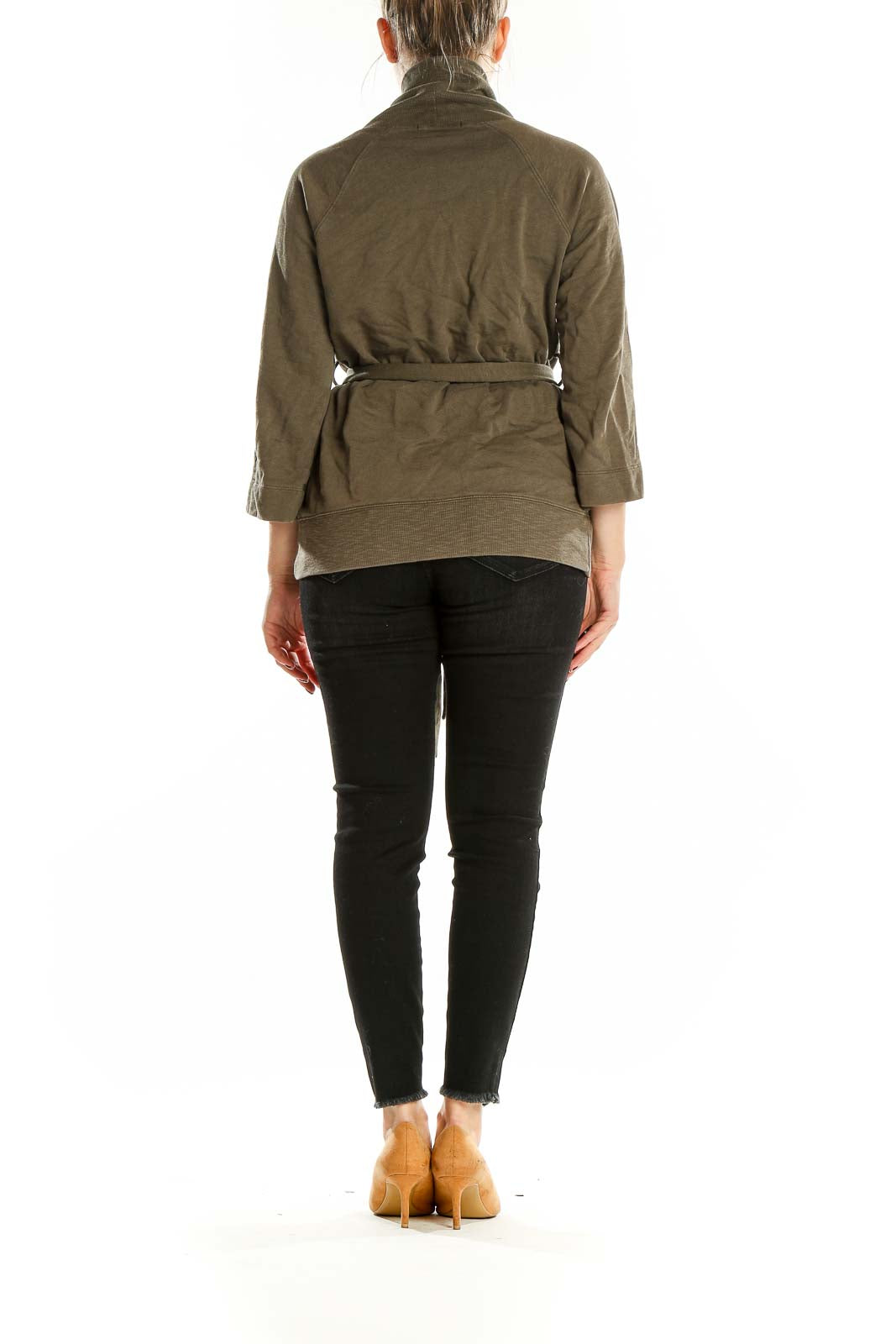 Back view of Banana Republic olive belted wrap cardigan on model