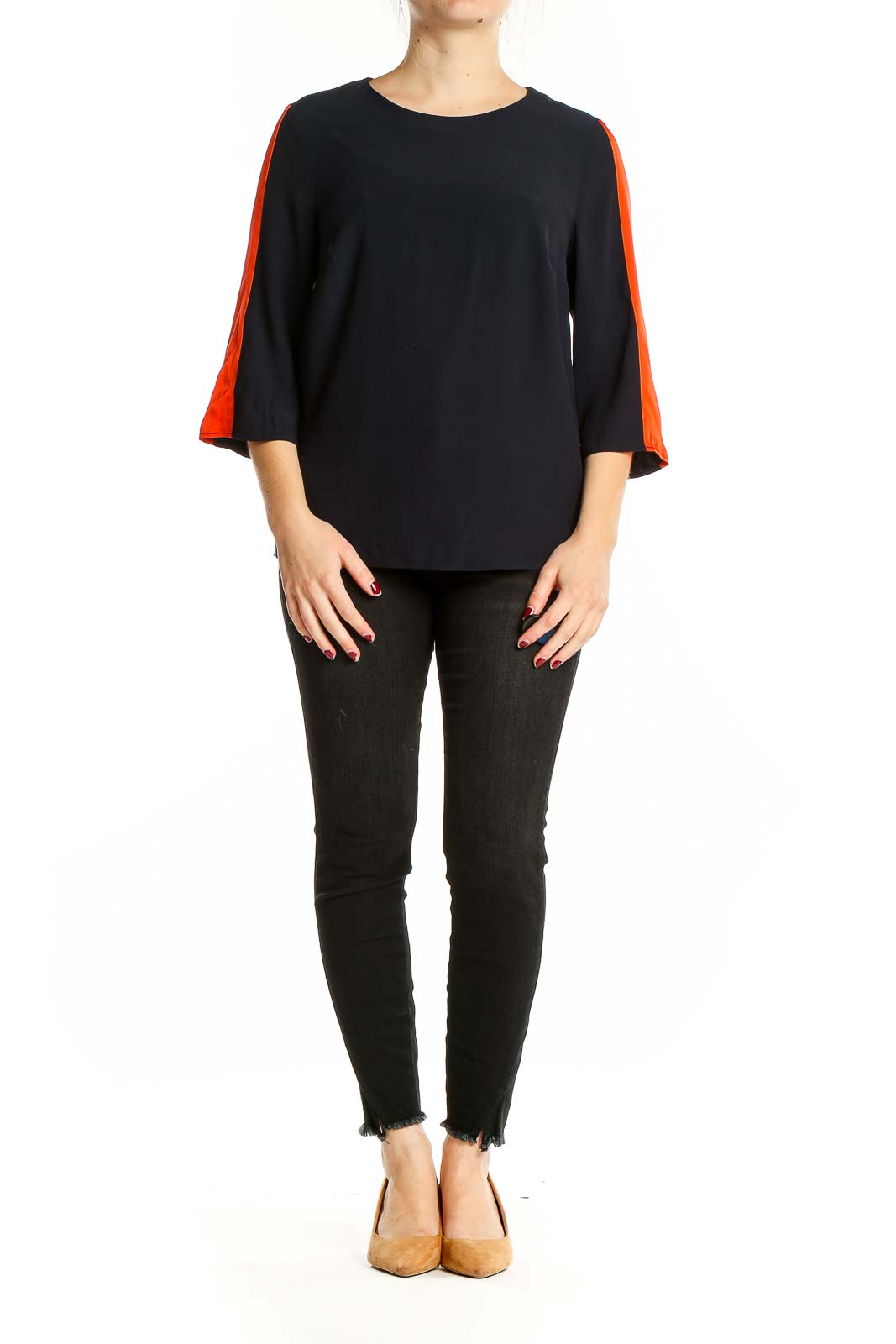 Front view of Boden black blouse with orange sleeve accents