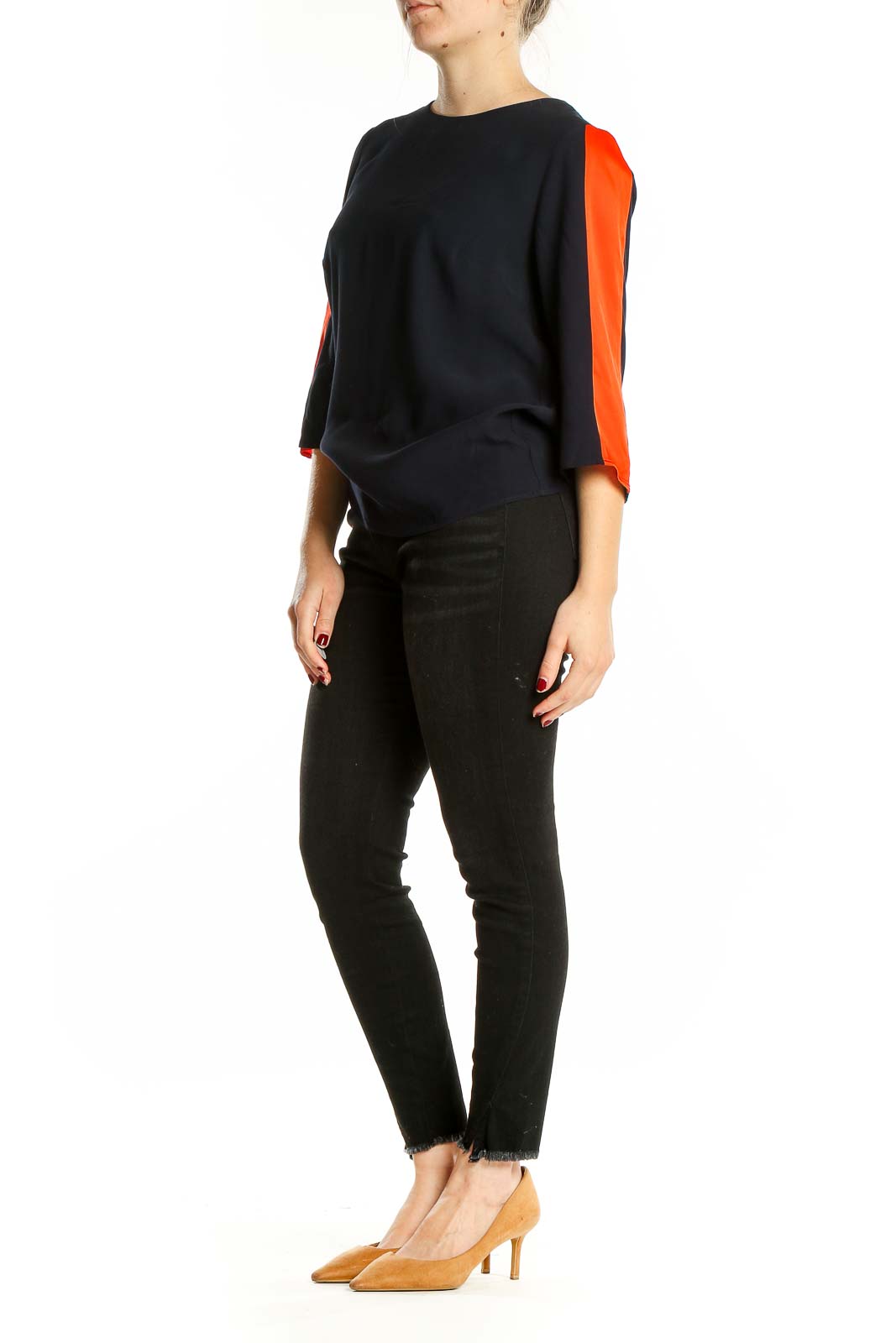 Front view of Boden black blouse with orange sleeve accents