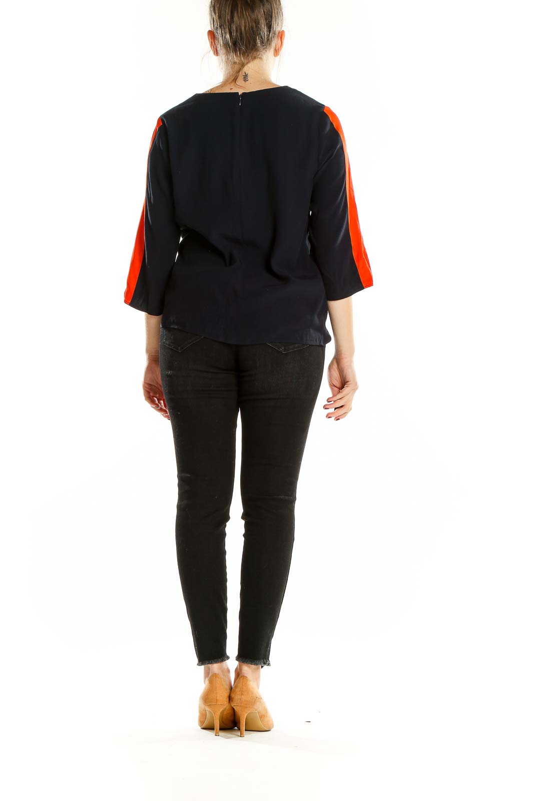 Back view of Boden black blouse showing keyhole closure