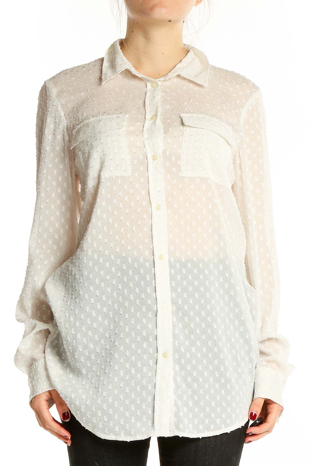 Front view of Banana Republic white sheer polka dot button-up blouse