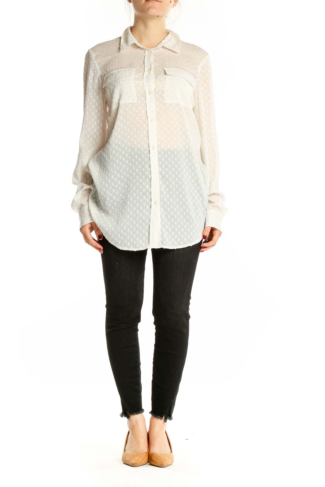 Front view of Banana Republic white sheer polka dot button-up blouse