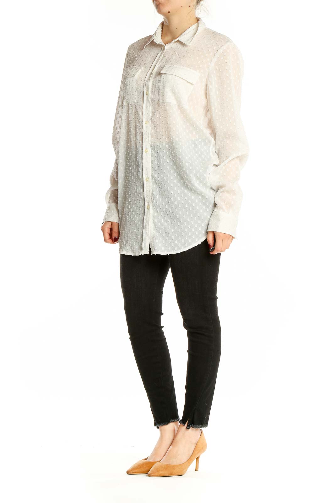 Front view of Banana Republic white sheer polka dot button-up blouse