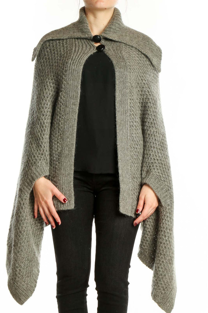 Front view of Moda International gray oversized knit poncho sweater with high collar