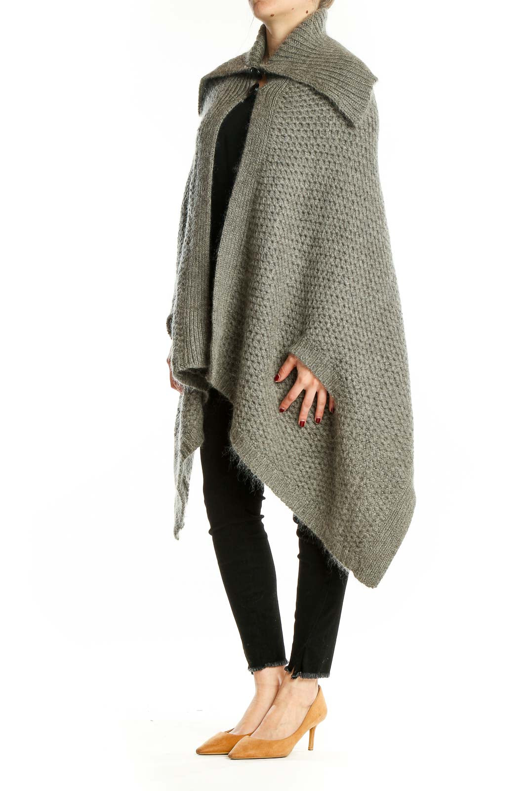 Front view of Moda International gray oversized knit poncho sweater with high collar