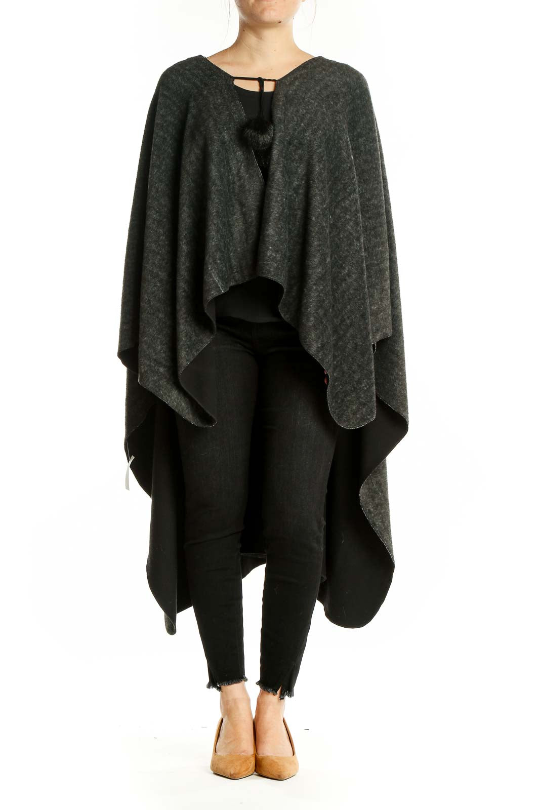 Front view of charcoal gray oversized knit poncho from SilkRoll