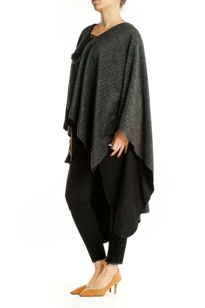 Front view of charcoal gray oversized knit poncho from SilkRoll