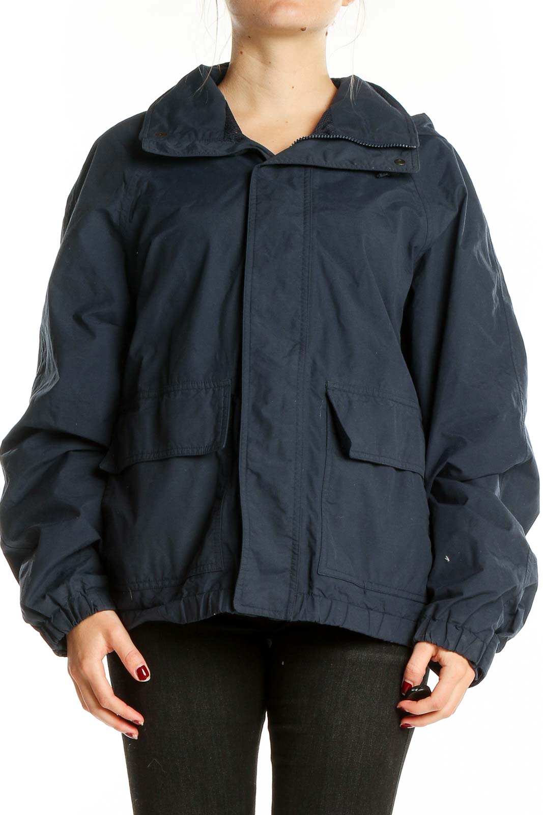 Front view of Eddie Bauer navy nylon hooded windbreaker jacket