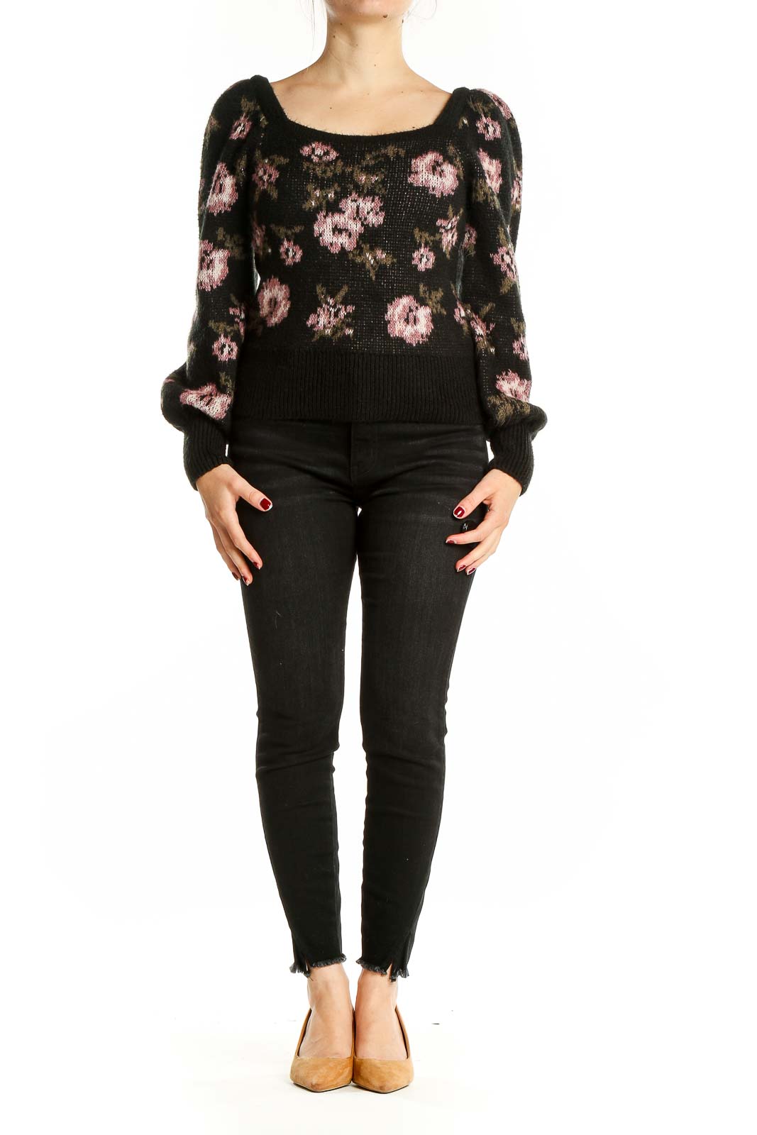 Front view of Anthropologie black knit sweater with pink floral pattern and puff sleeves