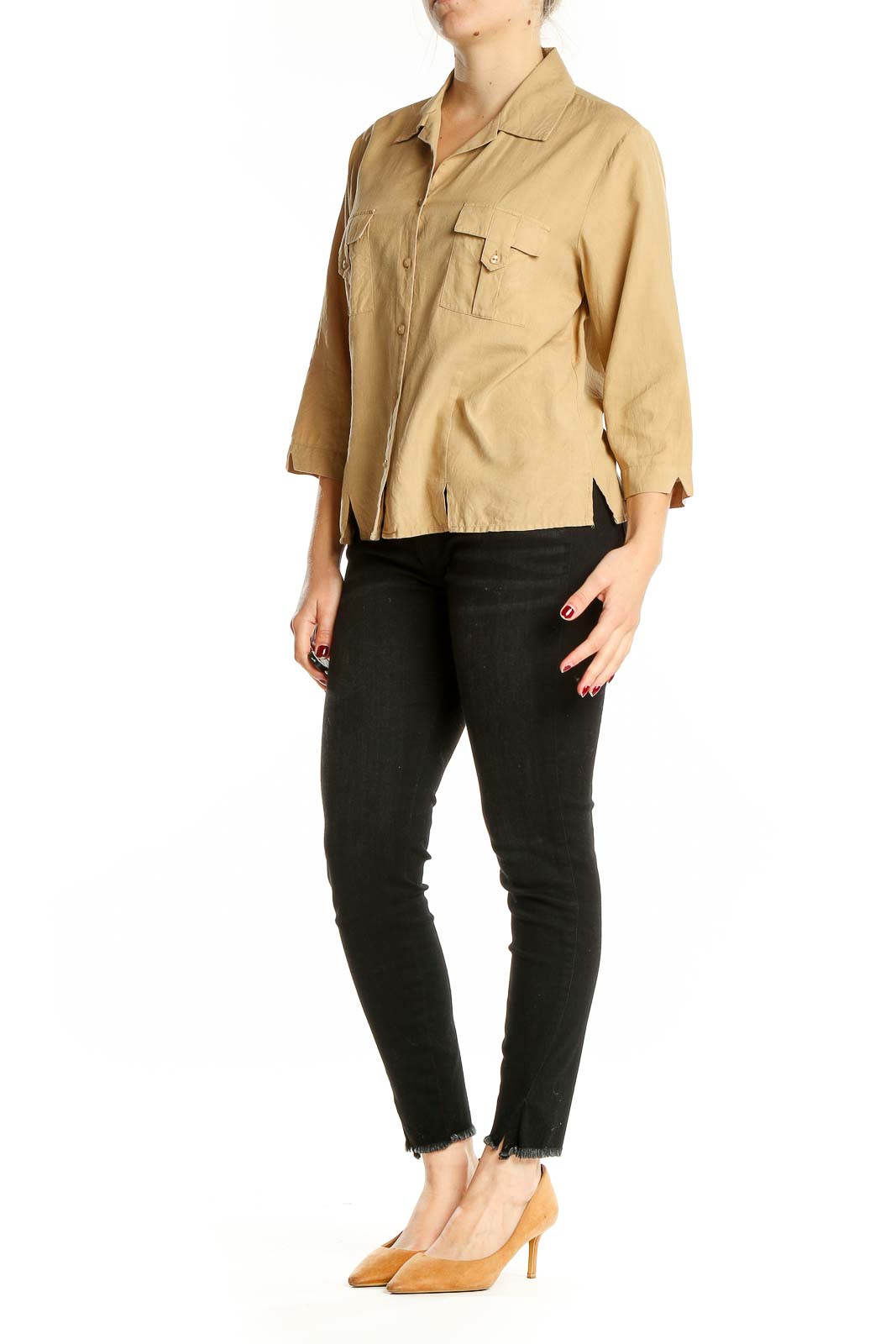 Front view of beige silk button-up blouse by Notations