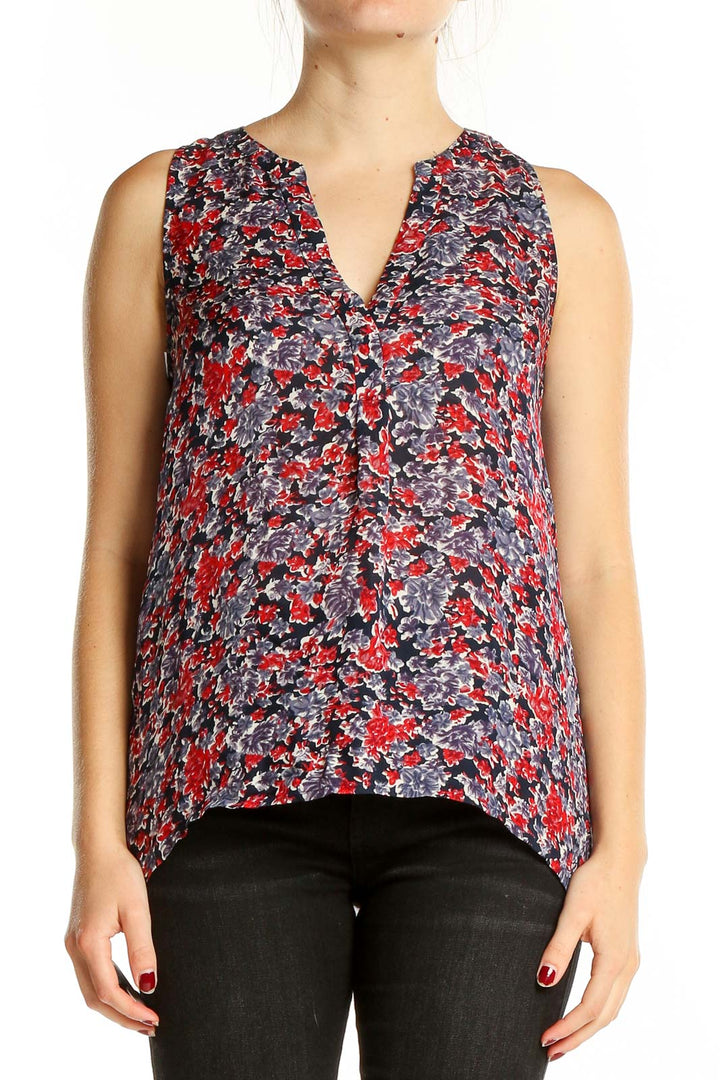 Red Blue Black Floral Print Top