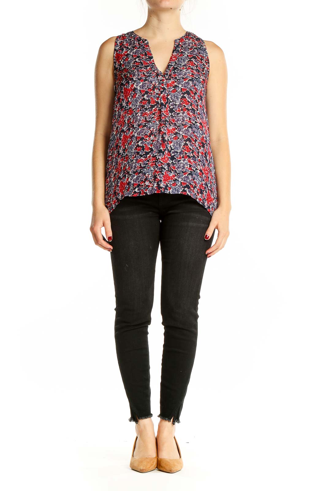 Red Blue Black Floral Print Top