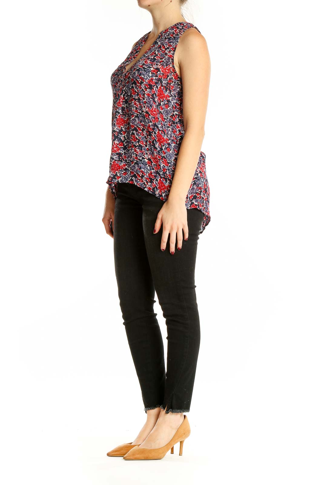 Red Blue Black Floral Print Top