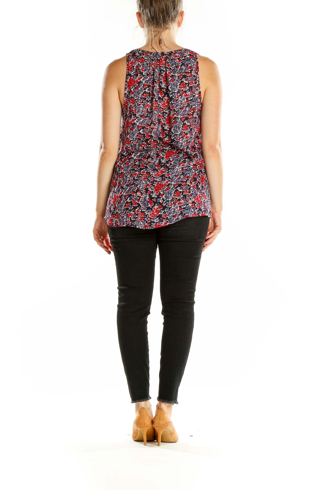 Red Blue Black Floral Print Top