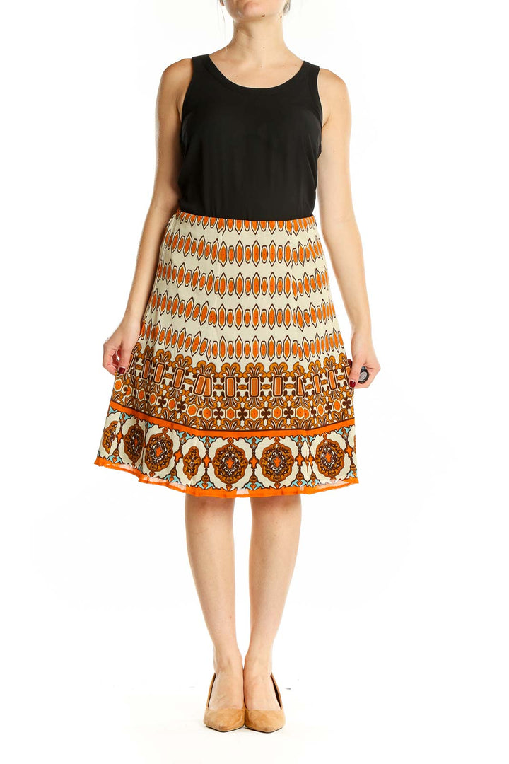 Front view of Nicole by Nicole Miller orange geometric print A-line skirt