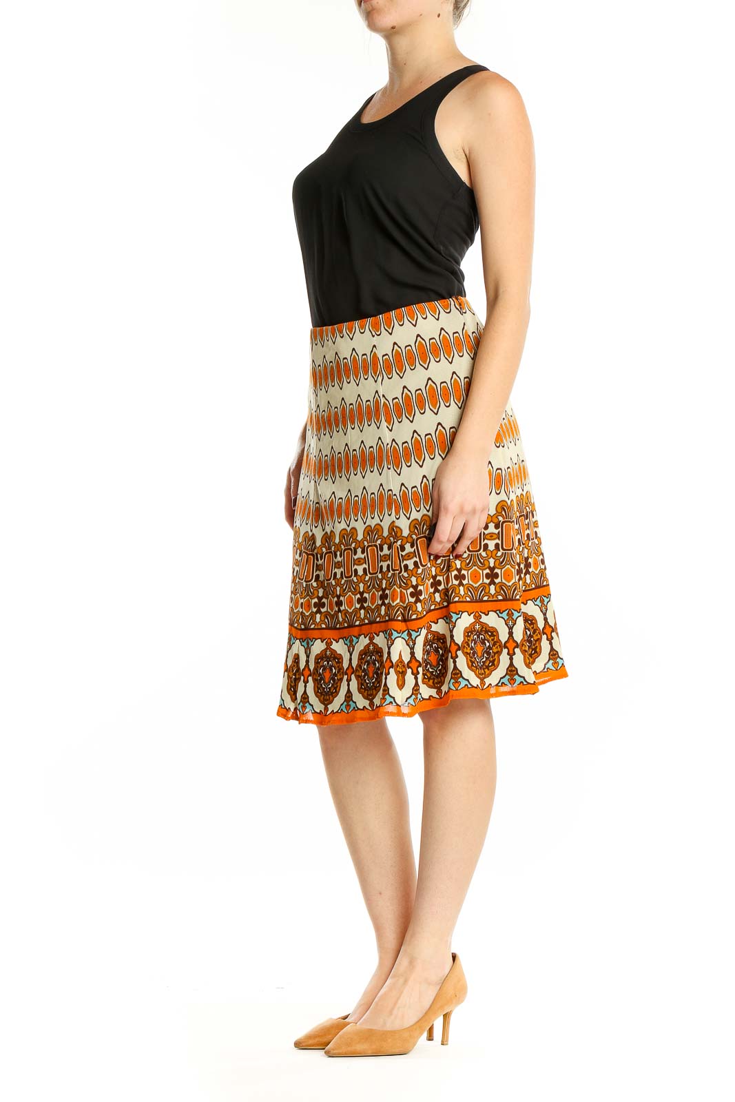 Front view of Nicole by Nicole Miller orange geometric print A-line skirt