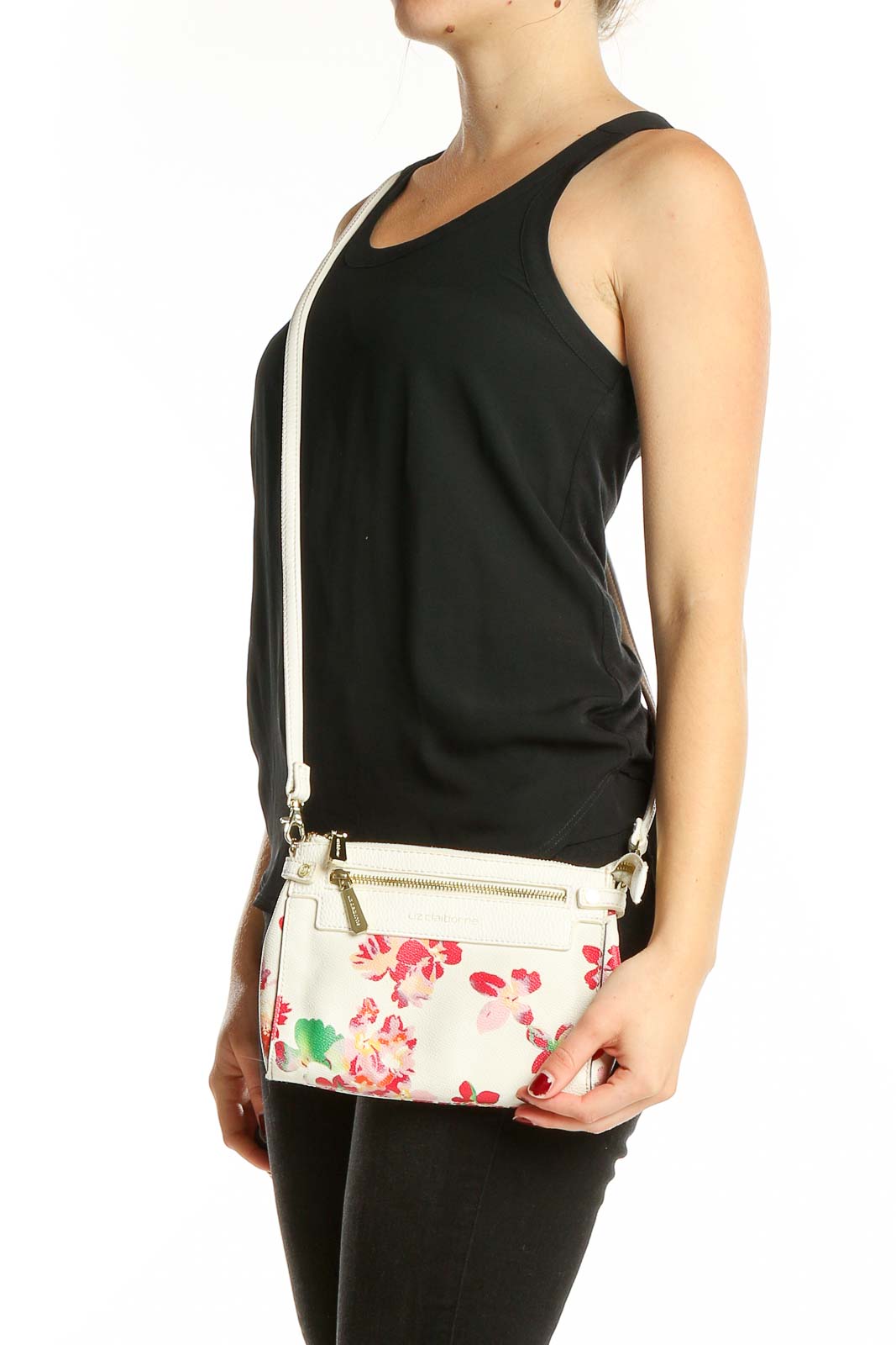 Front view of Liz Claiborne white floral print crossbody bag