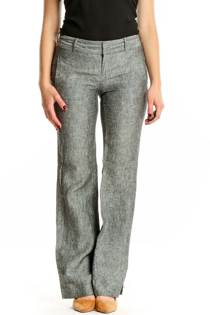 Front view of Banana Republic gray linen wide-leg trousers on model