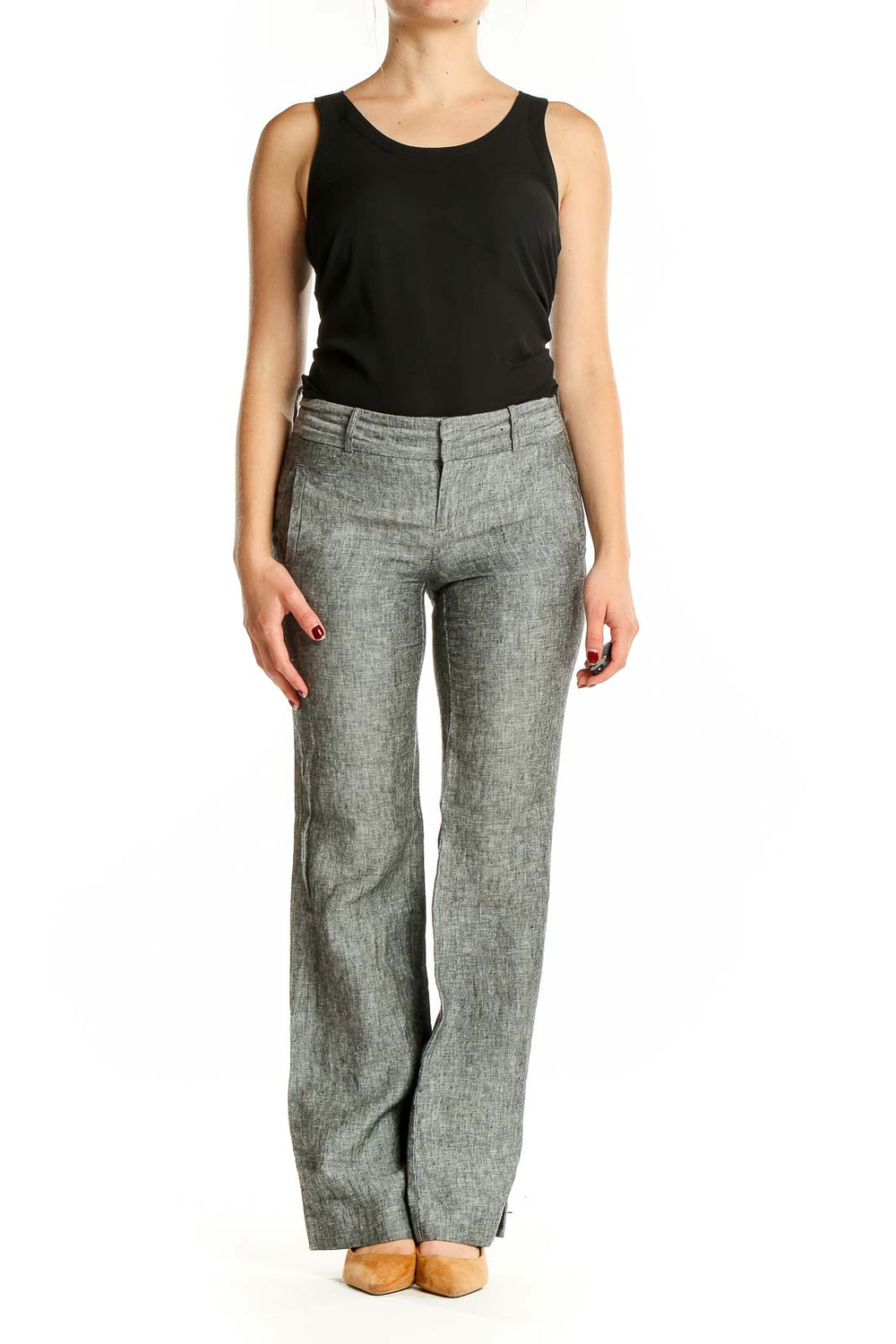 Front view of Banana Republic gray linen wide-leg trousers on model