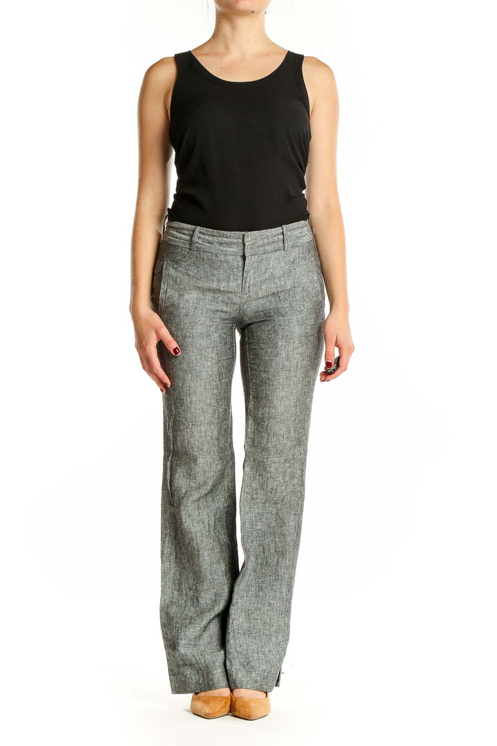 Front view of Banana Republic gray linen wide-leg trousers on model