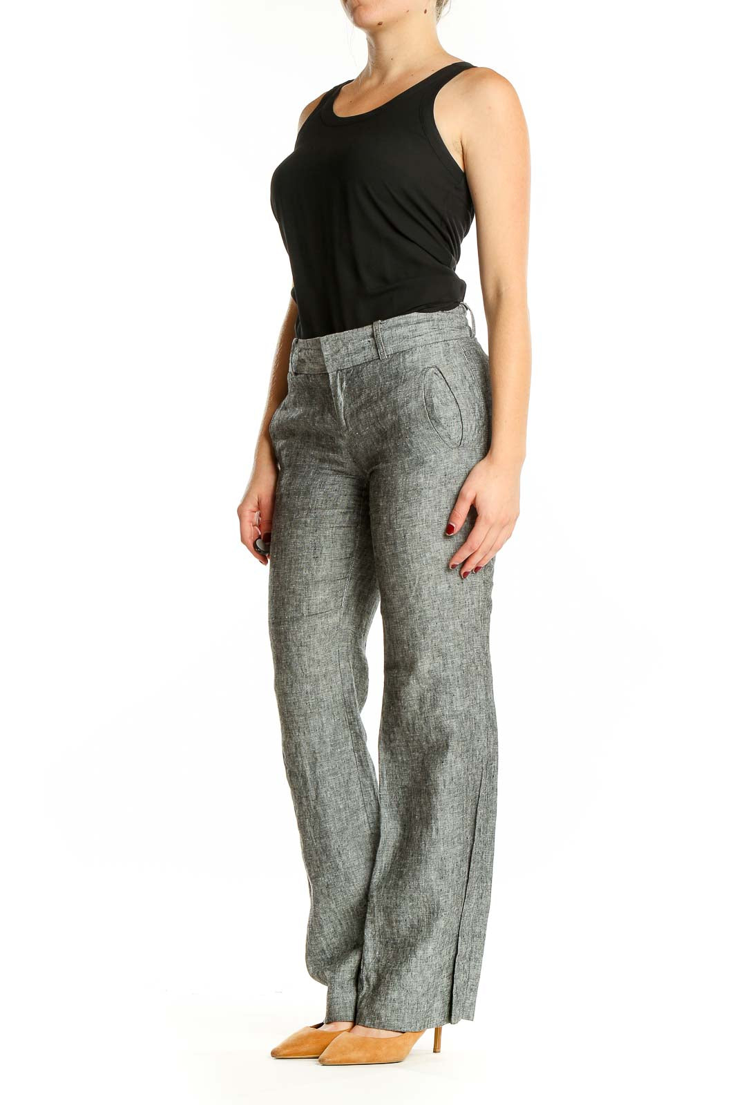 Front view of Banana Republic gray linen wide-leg trousers on model