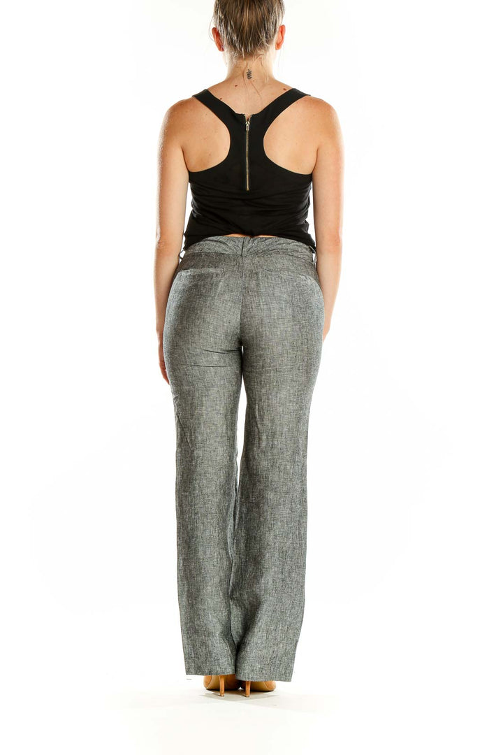 Back view of Banana Republic gray linen wide-leg trousers on model