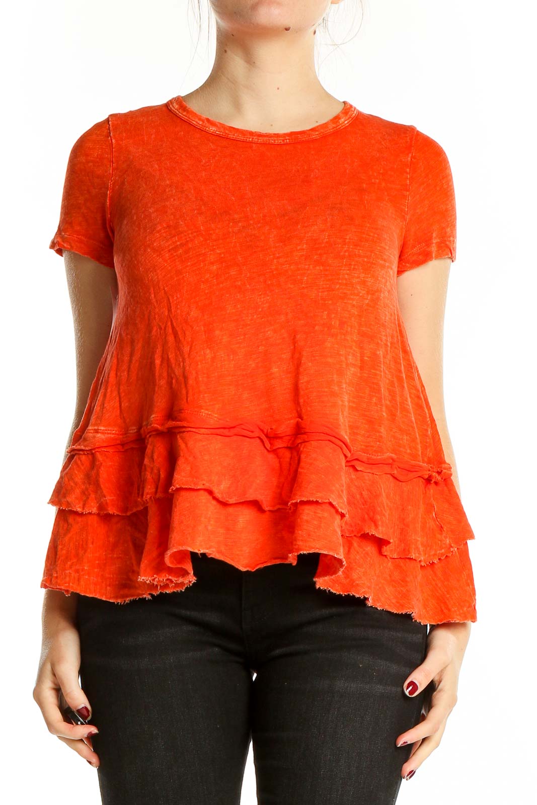 Front view of altar'd state orange ruffled cotton short sleeve top