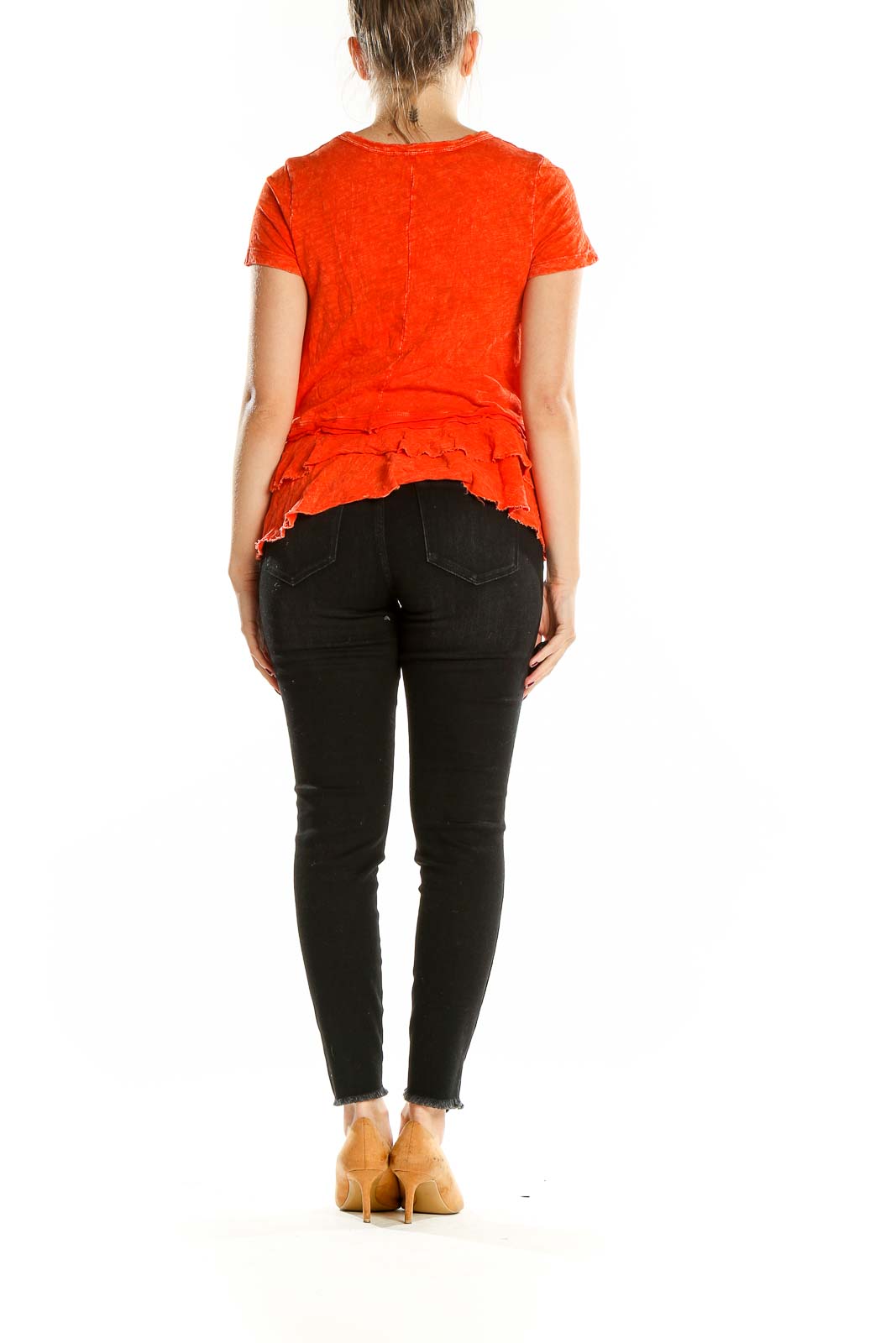 Back view of altar'd state orange ruffled cotton short sleeve top