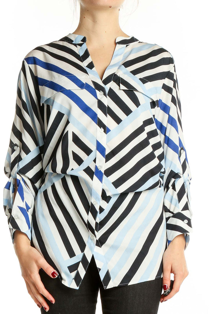 Front view of Calvin Klein blue and black striped button-up blouse