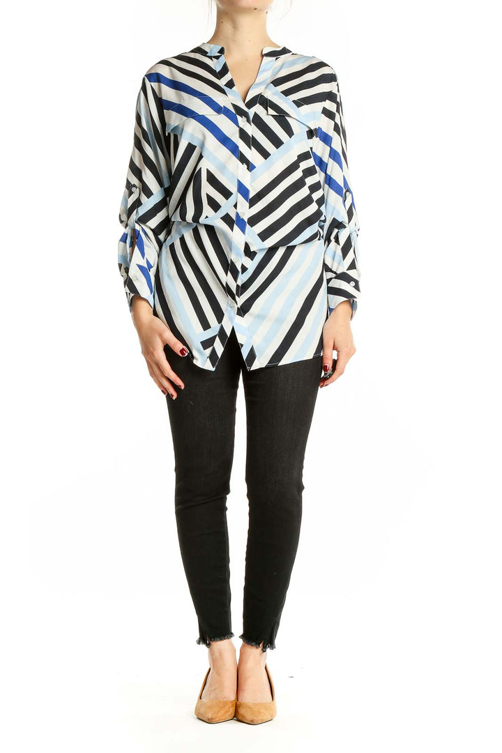 Front view of Calvin Klein blue and black striped button-up blouse