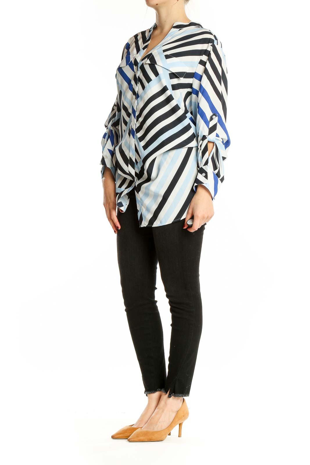 Front view of Calvin Klein blue and black striped button-up blouse