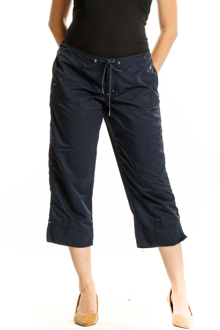 Front view of navy Nautica capri pants with drawstring waist