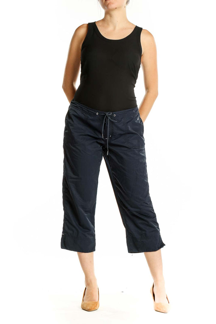 Front view of navy Nautica capri pants with drawstring waist