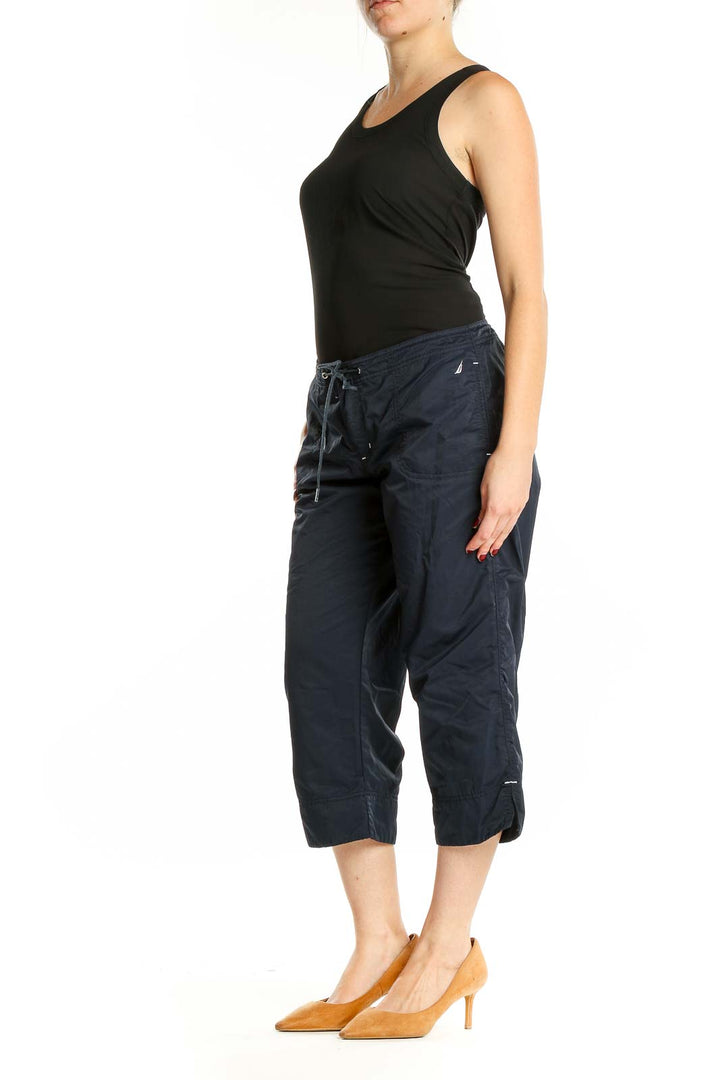 Front view of navy Nautica capri pants with drawstring waist