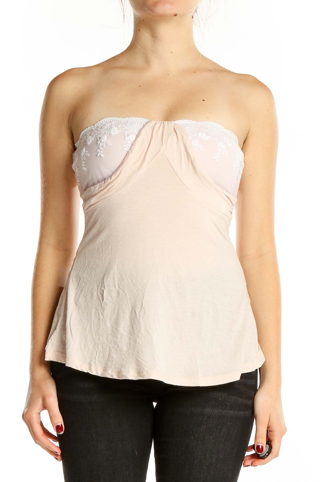 Front view of blush strapless top with lace trim and gathered center