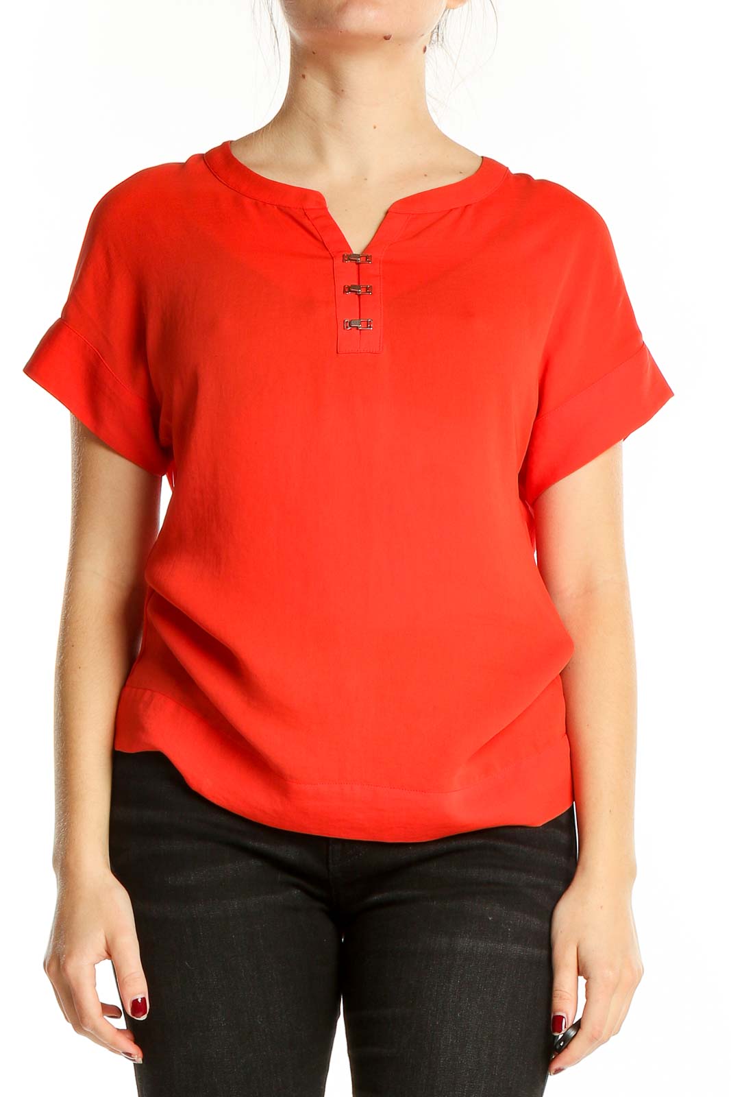 Front view of red short-sleeve Banana Republic blouse with henley neckline