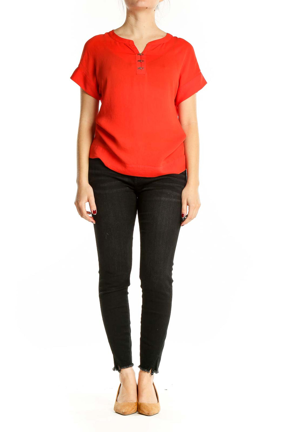 Front view of red short-sleeve Banana Republic blouse with henley neckline