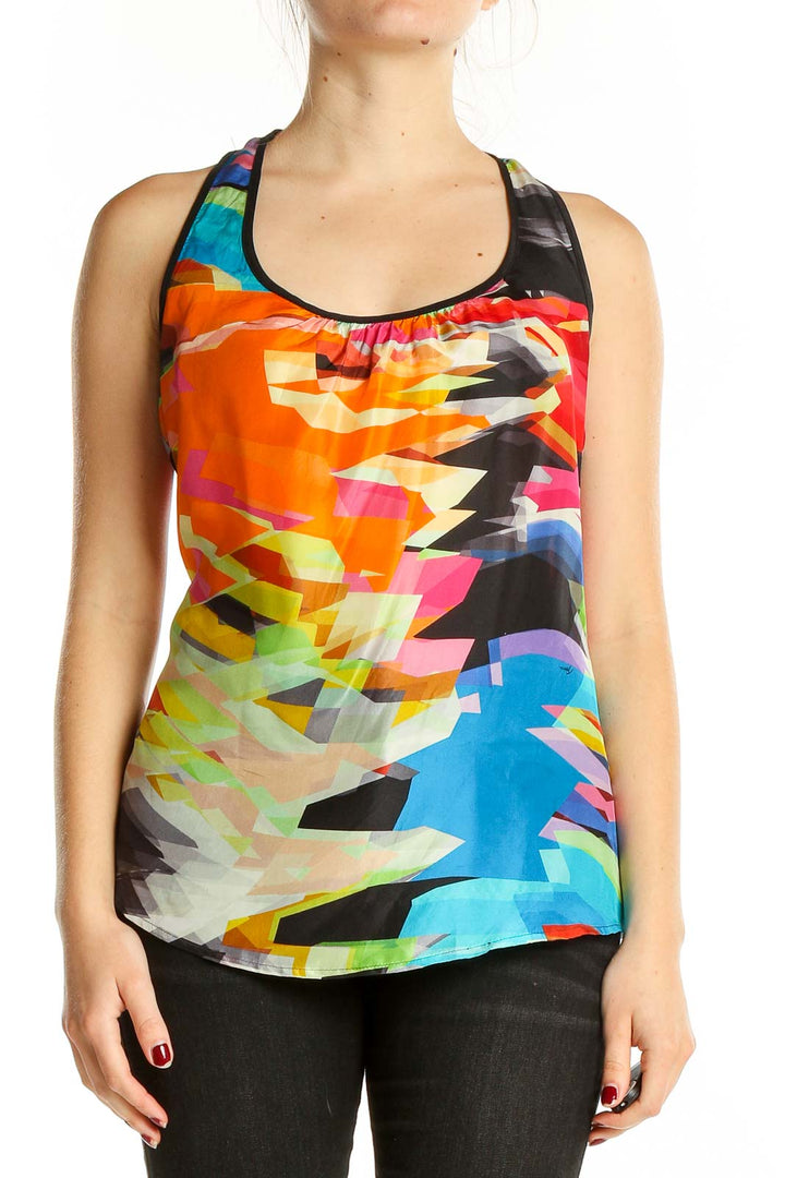 Front view of Trina Turk multicolor abstract print silk tank top