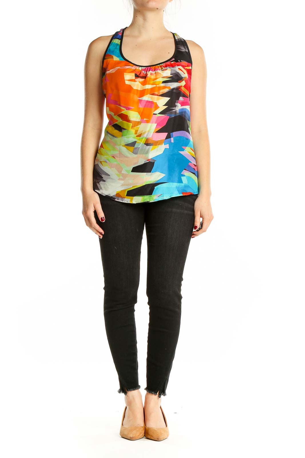 Front view of Trina Turk multicolor abstract print silk tank top